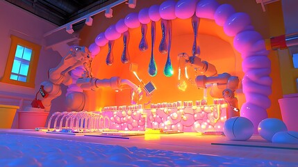 Robots mixing colorful liquids in a whimsical lab setting.