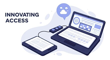 Innovative Access: A blue laptop is plugged into a tablet, representing seamless connectivity and shared access to data and content.
