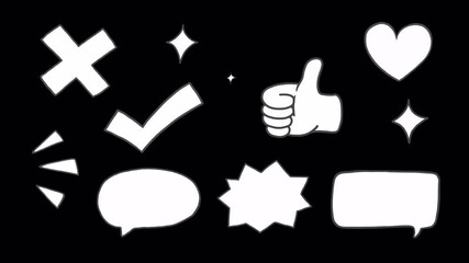 Set of cartoon icons, wiggle animation stickers, black and white: Wrong cross, right, check, sparkle, stars, like symbol, love heart, speech bubble, box chat, shout on a transparent background - Powered by Adobe