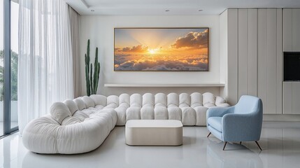 Fototapeta premium Generative AI, Airy Modern Living Room with Cloud-Inspired Sofa and Golden Sunrise Artwork