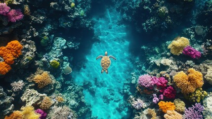 Naklejka premium Sea turtle swims vibrant coral reef channel