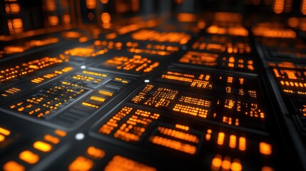 Futuristic Control Panel Glowing Orange in Dark Server Room