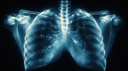 Chest X-ray showing lungs, ribs, clavicles, and spine.