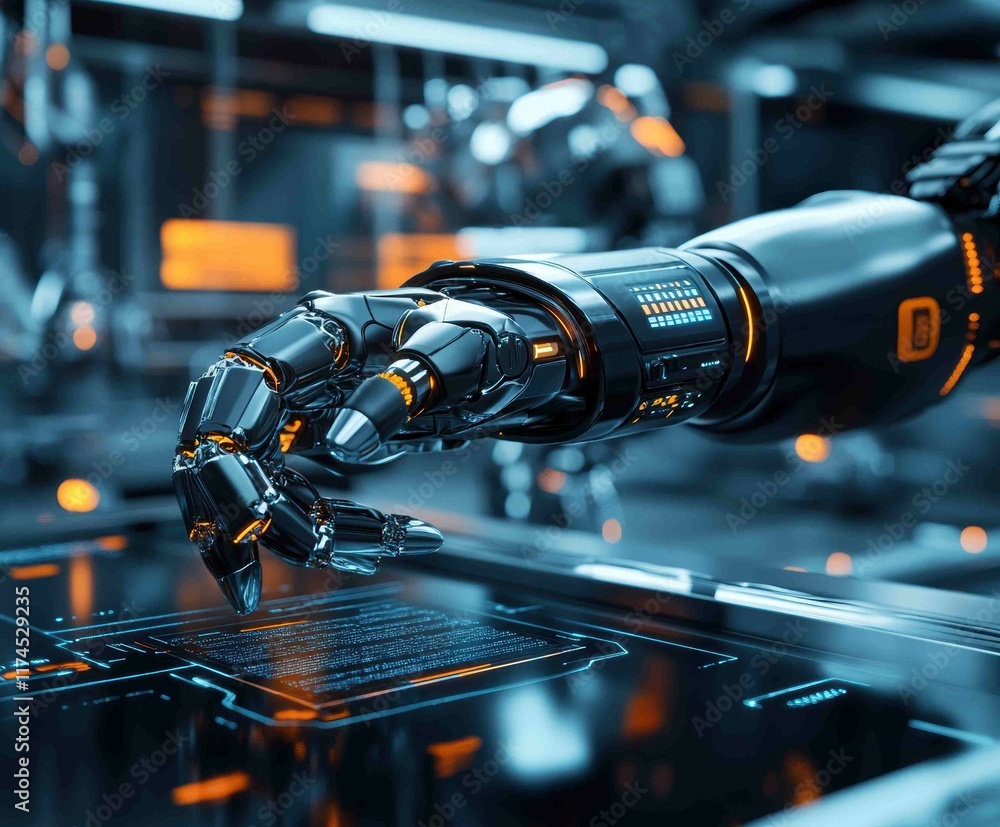 Poster a sleek robotic arm hovers over a futuristic interface, showcasing advanced technology and intricate