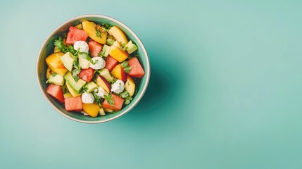 Bowl of Watermelon, Peach, and Avocado Salad, Top View, Vibrant Mexican Food Photography on Blue Background