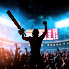 A silhouette of a cricket player celebrates with a bat, surrounded by a cheering crowd and bright stadium lights.