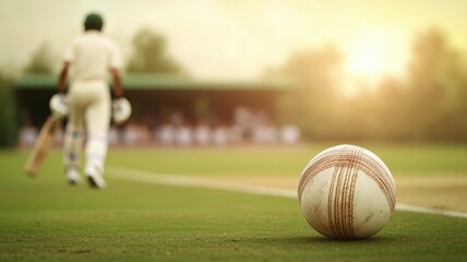 A cricket ball rests on the field as a player walks away, illuminated by the warm glow of sunset, capturing the essence of the game.