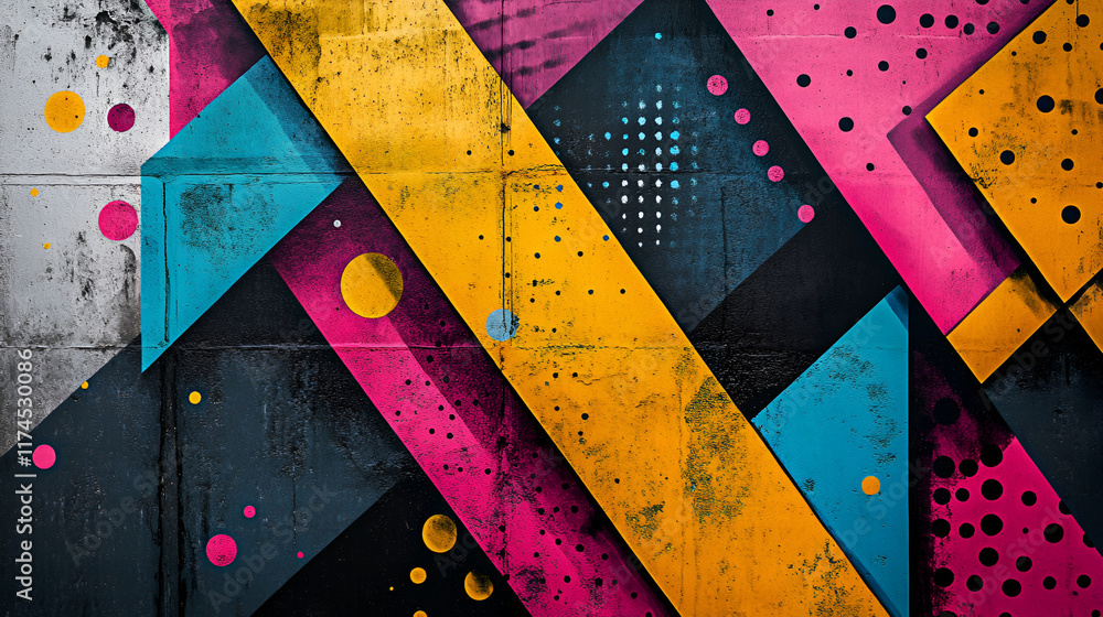Poster urban abstract: a vibrant explosion of color and geometric shapes adorn a weathered concrete wall, c