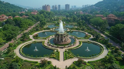 City park fountain aerial view, lush gardens, cityscape background