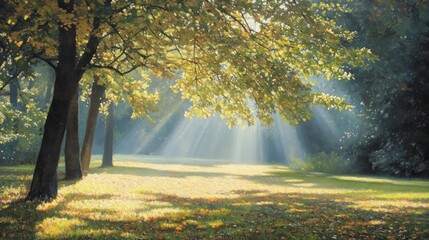 Obraz premium Sunbeams Filtering Through Autumn Trees