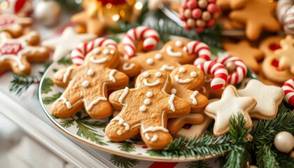 Fototapeta premium Festive Gingerbread Men Cookies And Candy Canes