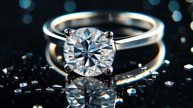 Elegant diamond ring displayed on glossy black surface with sparkling reflections, Elegant diamond ring on shiny black surface with reflections