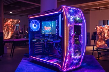 Rgb gaming pc with custom case and led lighting in modern setting