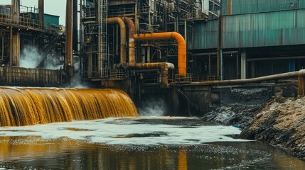 Industrial wastewater discharge into river; polluted water flowing from factory.