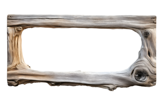 White and Gold rectangular driftwood frame with natural textures, Isolated on transparent or white background cut out