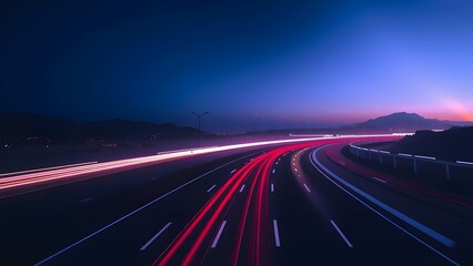 A visual representation of speed and motion, captured as a streak of neon light on the highway.