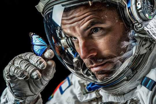 An astronaut in a spacesuit closely examines a vibrant butterfly on his finger, symbolizing exploration, connection, and the fragility of life within the cosmic vastness.