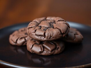 A stack of freshly baked chocolate-filled cookies sits on a wooden plate, featuring a gooey center and golden brown exterior for an inviting sweet and delicious perception.