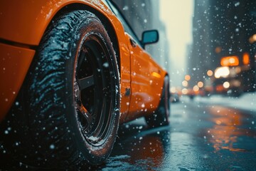 Close-up of Orange Car with Winter Tires on City Street, Snow Falling, Low-Angle Shot, Bokeh Effect, Shallow Depth of Field, Soft Lighting, Copy Space for Text, Banner or Poster