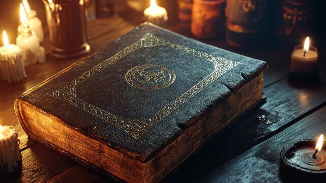 Mysterious old book with mystical symbols resting on a dark wooden table surrounded by flickering candles, a creepy old book with mystical symbols, surrounded by burning candles and potion bottles