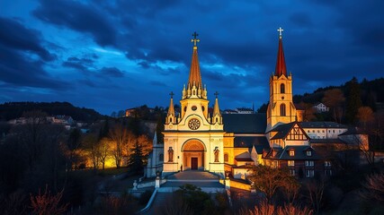 Obraz premium Lourdes Basilica Rosary Church Stunning Landscape AI Art, Vibrant Colors, Dramatic Light