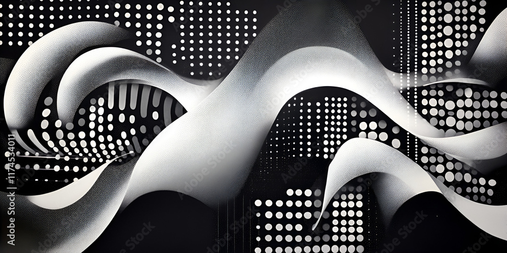 Poster abstract flow: a mesmerizing dance of light and shadow in a black and white abstract design with smo
