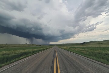 Naklejka premium Stormy sky over open road in vast countryside landscape