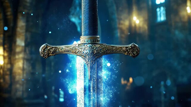 Brave knight's sword illuminated by magic in a grand castle at twilight, A sword of a brave knight in a castle with magical and great powers Video smooth short