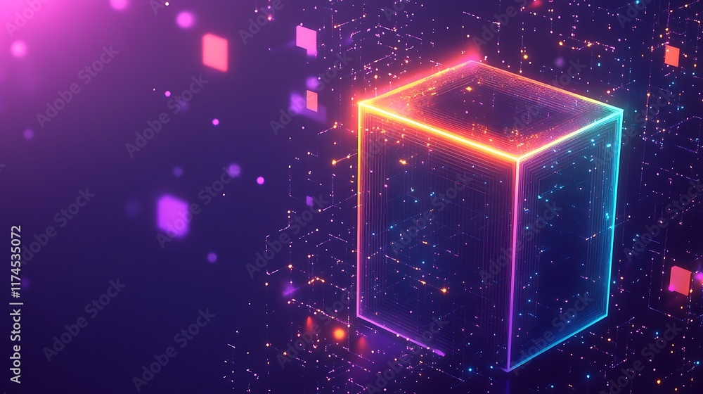 Poster neon cube in a digital network space