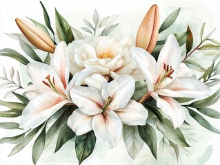 Fototapeta premium A beautiful floral arrangement featuring white lilies, soft petals, and green leaves, ideal for decoration or artistic inspiration.