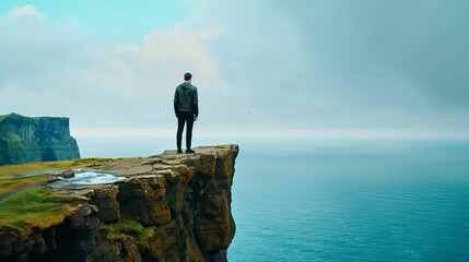 Obraz premium A contemplative young man stands on a rugged cliff, overlooking a serene ocean, surrounded by misty skies and dramatic coastal scenery.