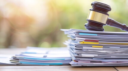 Close-up of a gavel resting on a wooden desk with legal documents, symbolizing law changes and judicial decisions in the legal system.
