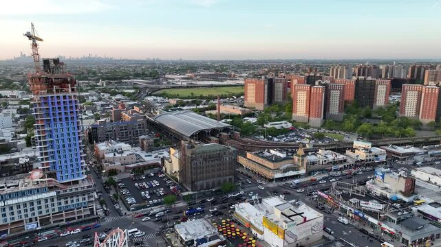 Drone cityscape of Coney Island with buildings and train terminal station in Ney York