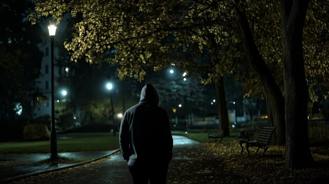 Back view of a suspicious person in hoodie walking through a shadowy park at night