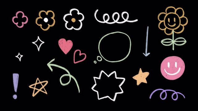 Set of Hand-drawn cute shapes, kid style, colorful icons: wiggle animation, pencil crayon, rough chalk, flowers, sparkles, speech, arrows, star, sketching elements on a transparent background, alpha