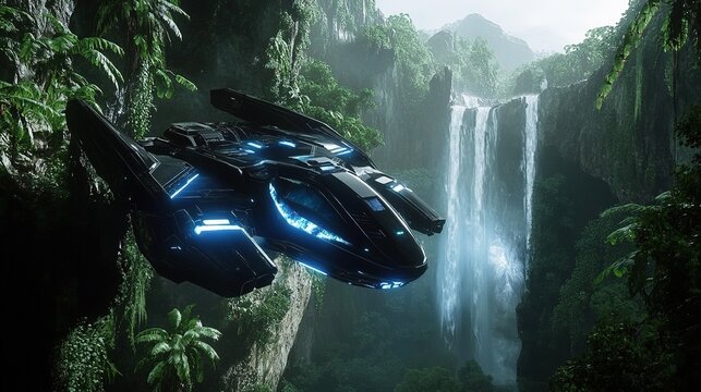 Futuristic spaceship flying in lush jungle near waterfall.