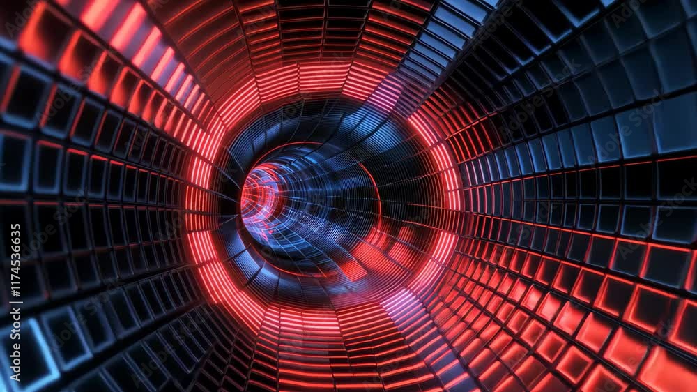 Poster wormhole tunnel with blue and red flashing grid pattern creating a sci-fi atmosphere, 3d wormhole tu