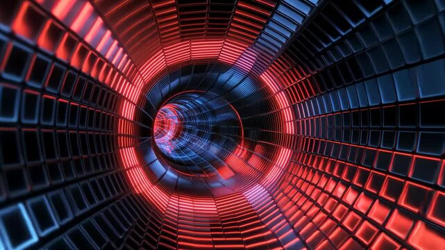 Wormhole tunnel with blue and red flashing grid pattern creating a sci-fi atmosphere, 3d Wormhole tunnel blue and red flashing grid, seamless