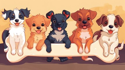 Cheerful Pack of Playful Puppies Posing Together in a Vibrant Cartoon Style