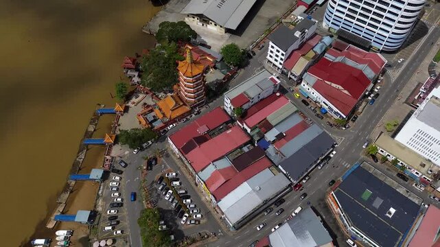 Aerial view of Tua Pek Kong Temple near riverbank in Sibu, Sarawak, Borneo Malaysia.