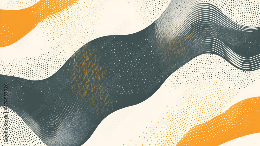 Poster abstract wave pattern: elegant, flowing lines in shades of gray, orange, and white create a dynamic,