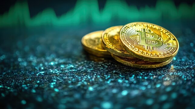 Bitcoin coins on dark surface with financial chart background