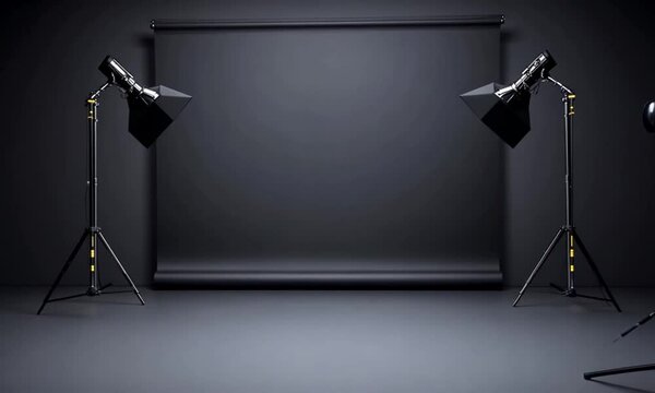 Dark studio setup with two lights and black backdrop. (1)