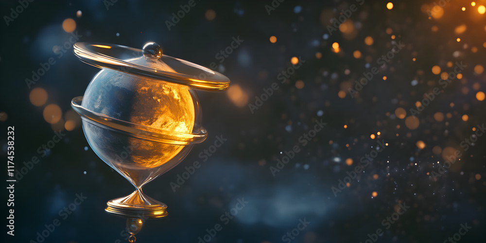 Poster burning bright: a captivating abstract image of a metallic globe engulfed in flames, set against a b