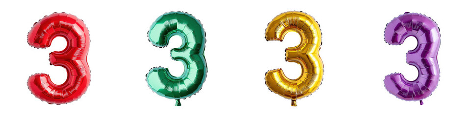 Colorful Helium Balloons in the Shape of Number Three for Celebratory Events, Birthdays, Anniversaries, and Festive Occasions with a Playful Feel