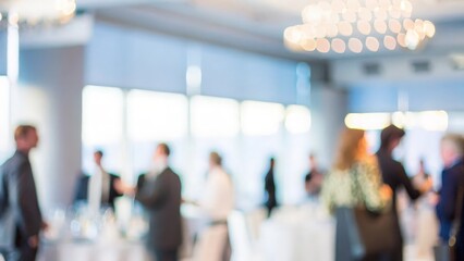 A blurred image of a formal banquet setting during a corporate networking event.
