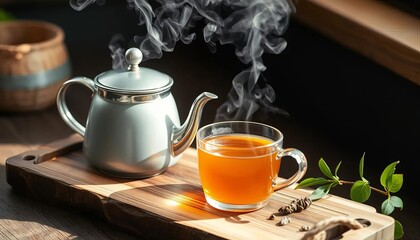 Fototapeta premium Steaming Teacup and Teapot on Wooden Tray