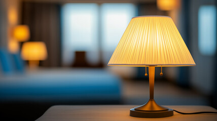 A top-down view of a nightstand in a hotel room with a cozy, blurred background, providing an empty wooden surface for product display and customization in a flawless
