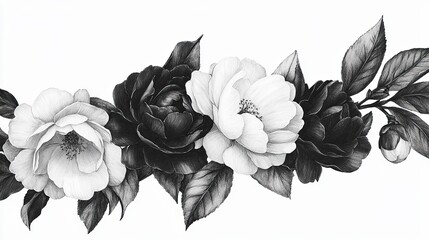 A monochrome illustration of three roses, blending detailed petals and leaves, creating an elegant floral arrangement.