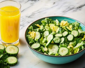 Fresh Green Salad with Cucumbers, Lettuce, and Avocado on Marble Countertop with Juice Glass